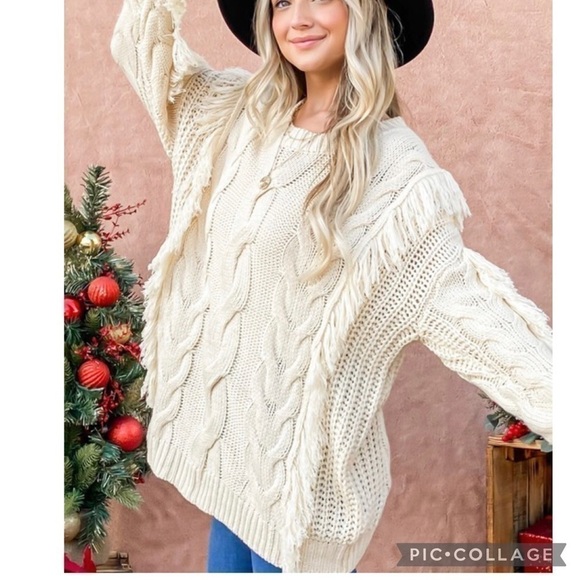 Blu Trends Sweaters - Cute!! Cream Cable & Fringe Sweater
